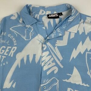 Jaws Movie Graphic Button Down Shirt Mens Large Blue Short Sleeve Bigger Boat L
